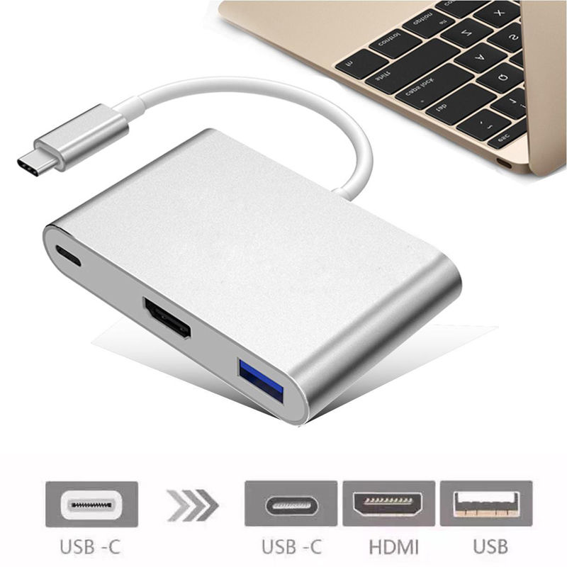USB 3.1 USB-C to 4k HD HDMI 3IN1 Charging Port Multiport Adapter Silver