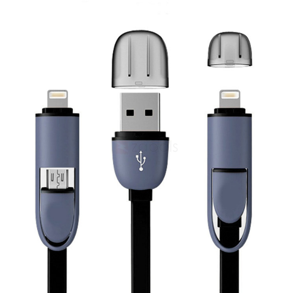 2 in 1 8pin+Micro USB to USB Cable Charge Data Sync Black